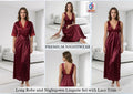 Burgundy nightgown and robe set with lace trim displayed in a room.