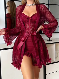 Red lace lingerie set with a robe on a white background