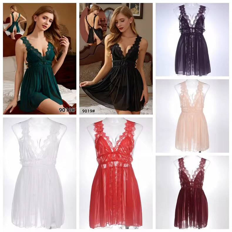 Collage of women wearing and displaying various lace nightgowns in different colors.
