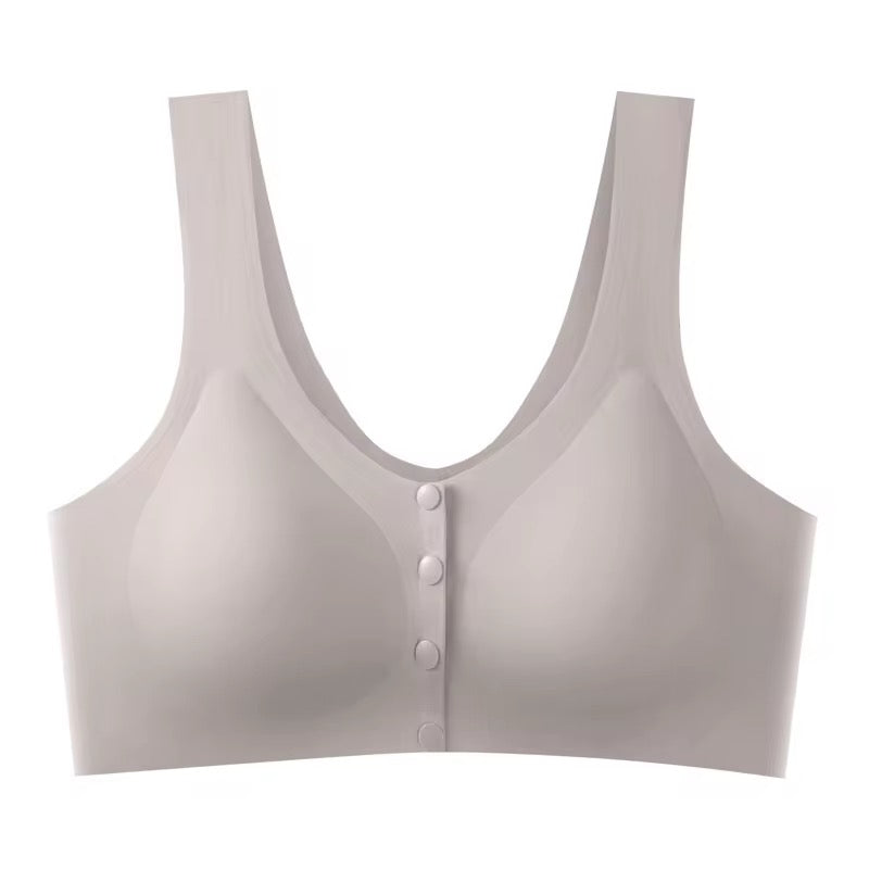 Light gray bra with button details on a white background