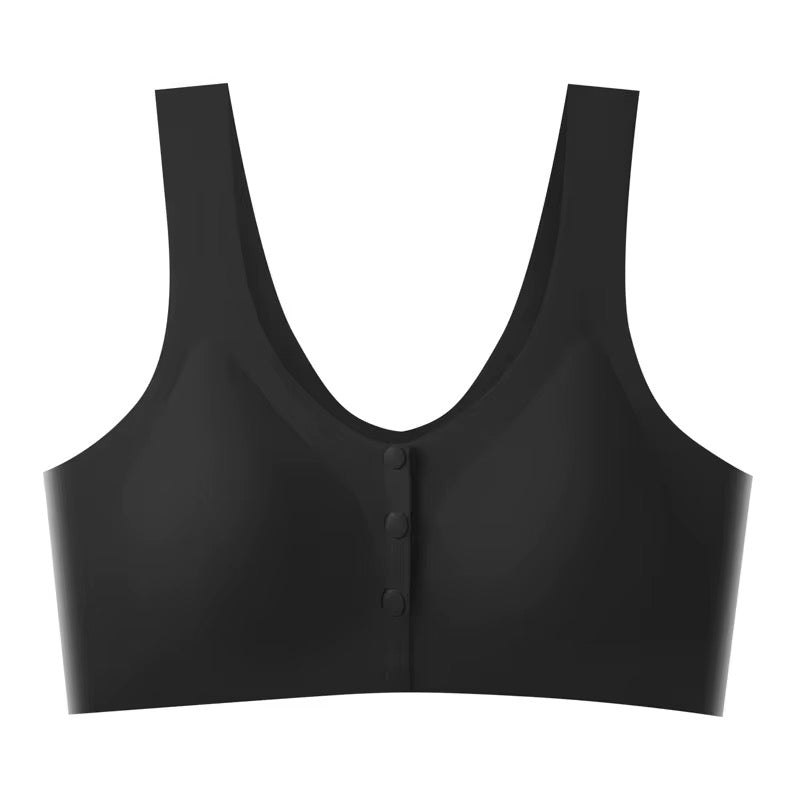 Black bralette with button details on a white background