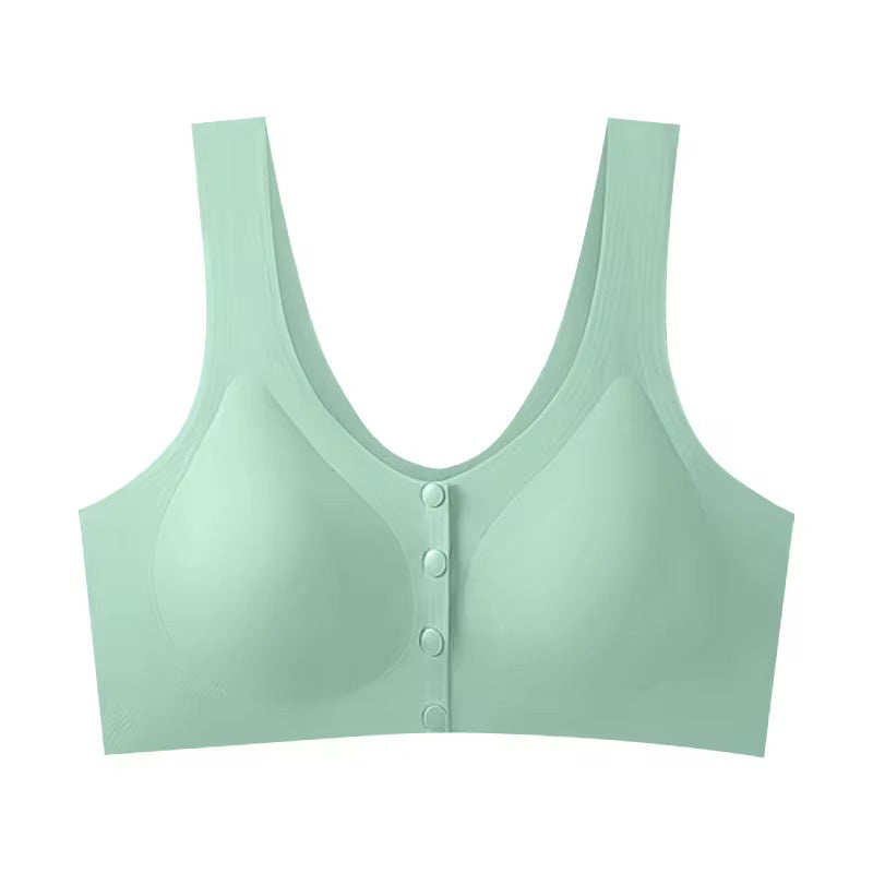 Light green bralette with button details on a white background