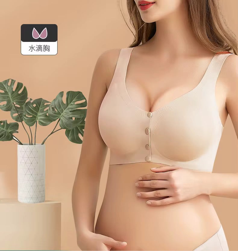 Woman wearing a beige bra with a minimal background