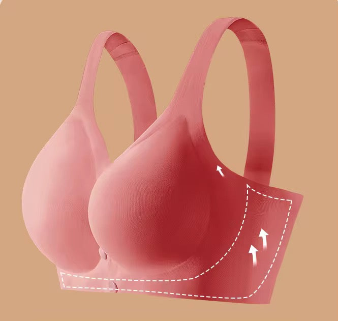 Pink bra on a beige background with a focus on design details.