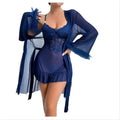 Blue lace dress with matching cardigan on a white background