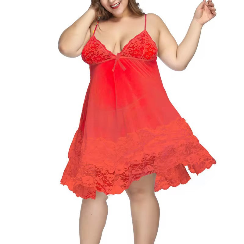 Red lace nightgown worn by a model on a white background