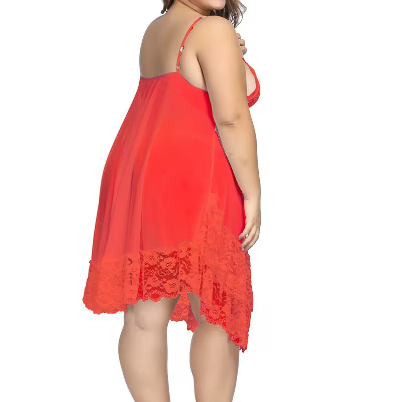 Red lace nightgown worn by a person on a white background