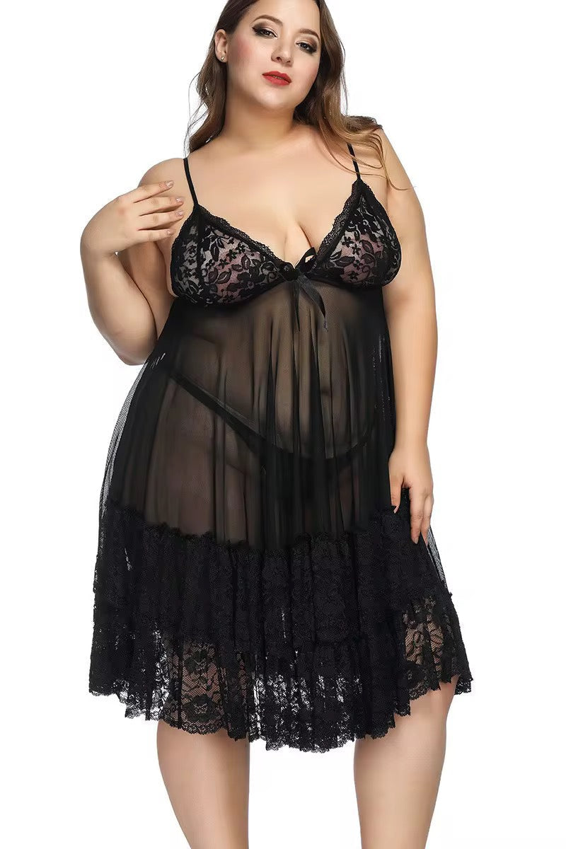 Black lace lingerie set worn by a model on a white background