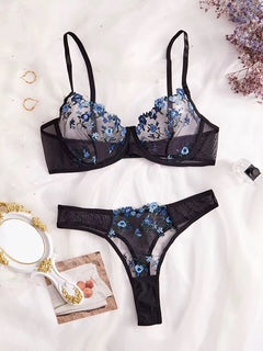 Black floral lingerie set on a light background