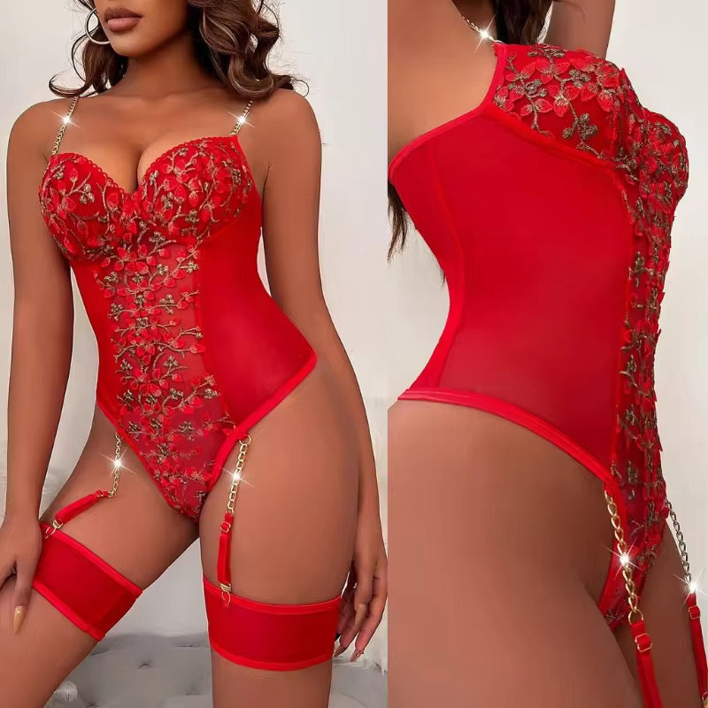 Red lingerie set with gold accents on a white background