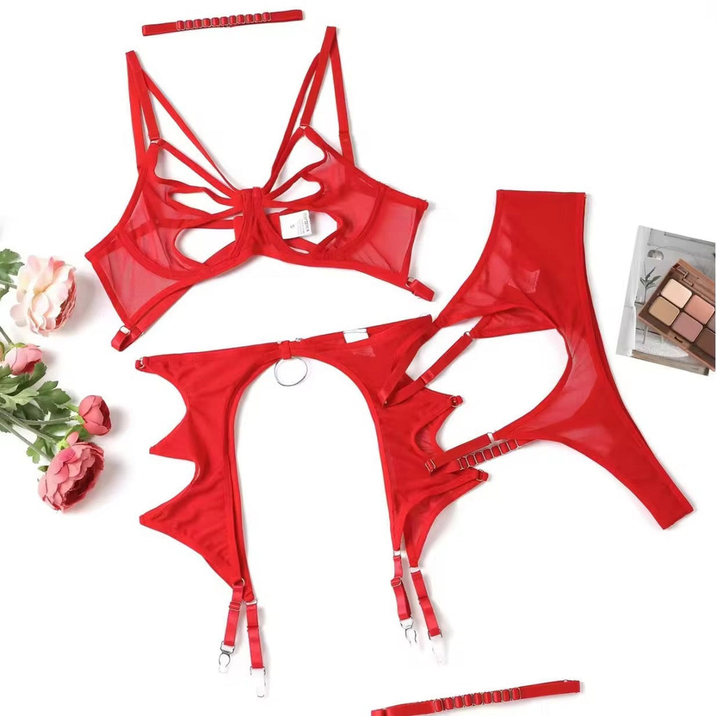 BLS Butterfly Lingerie Garter Set Luxury Strappy Nighty red