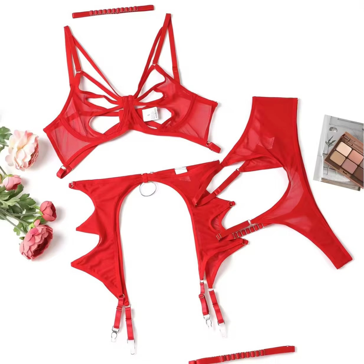 BLS Butterfly Lingerie Garter Set Luxury Strappy Nighty red
