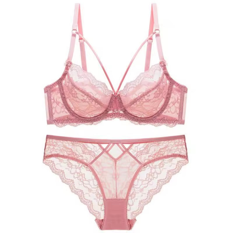 BLS Ethereal Lace Lingerie Set Strappy Bra and Cut-Out Panty pink