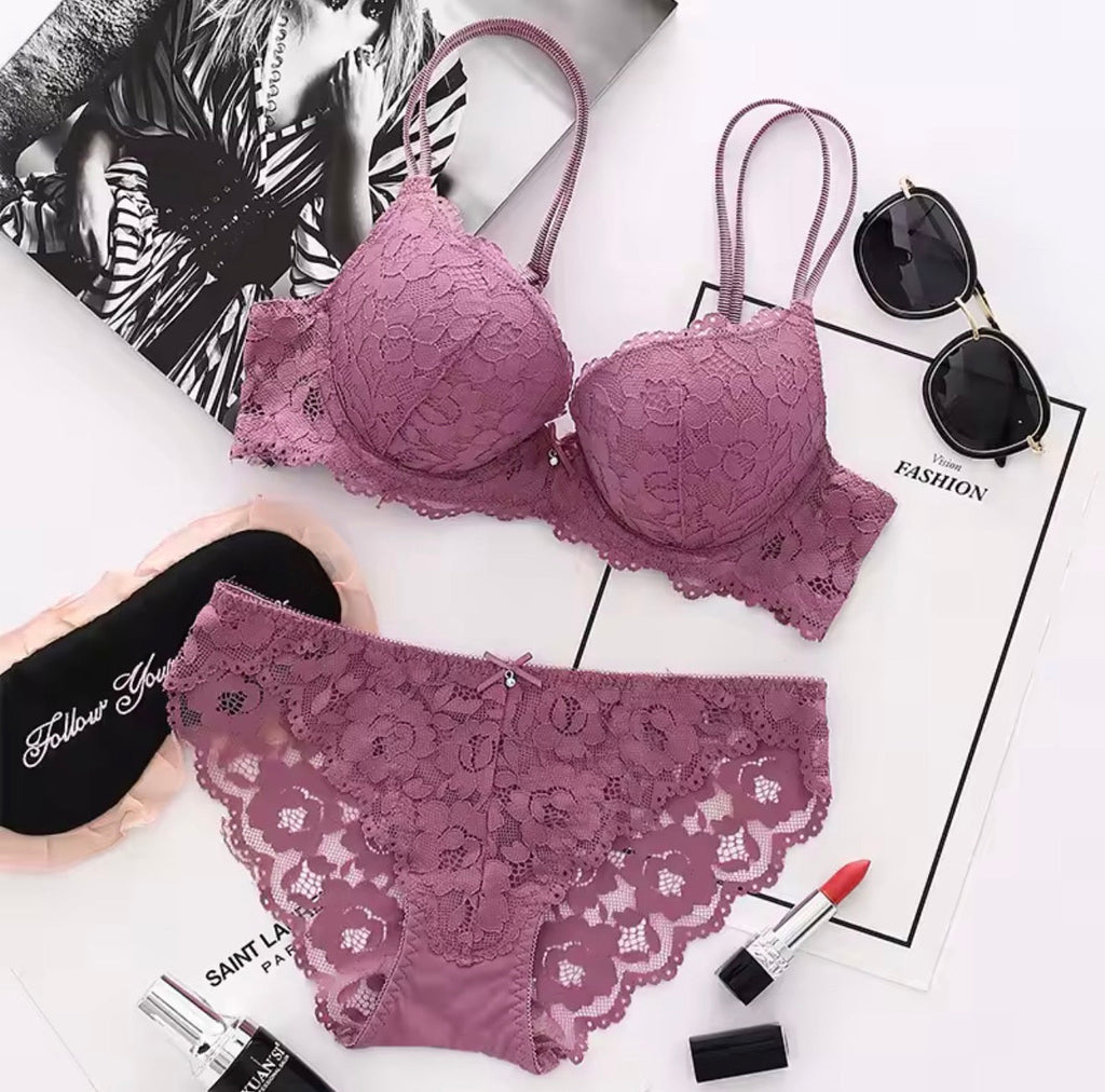 Victoria's Secret Luxe Floral Lace: Padded Bra & Panty Lingerie Set