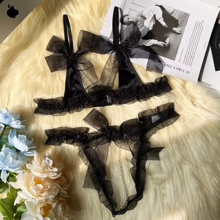 BLS Pearl Strand Bow Lingerie Luxury Ruffle Bikini Set