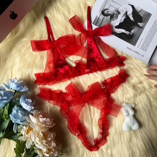 BLS Pearl Strand Bow Lingerie Luxury Ruffle Bikini Set