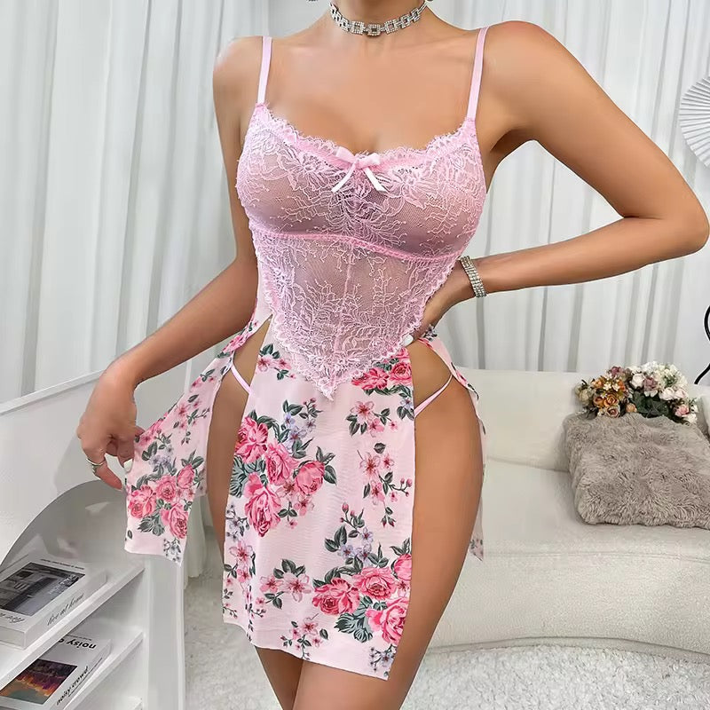 MSK Petal-Draped Lace Chemise High-Split Floral Nighty