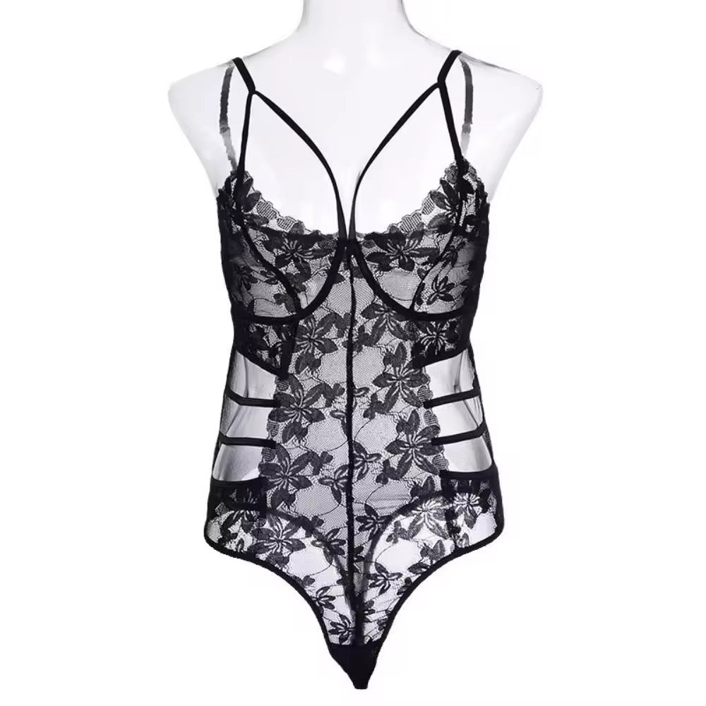 Black lace bodysuit on a mannequin against a white background