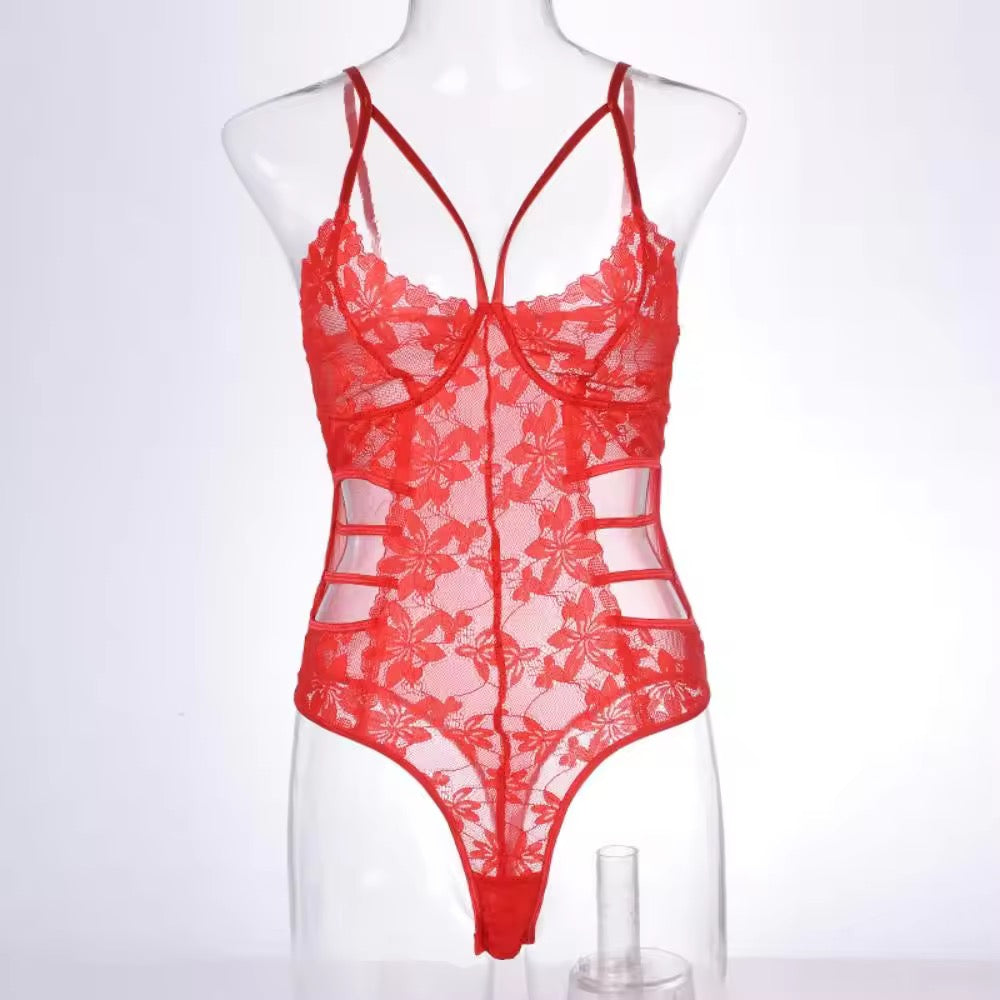 Red lace lingerie on a mannequin against a white background