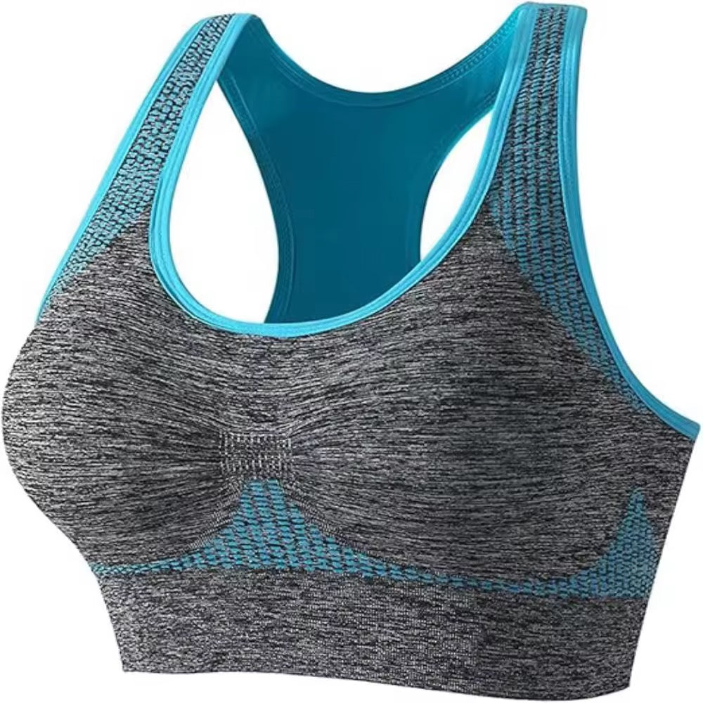 Gray and blue sports bra on a white background