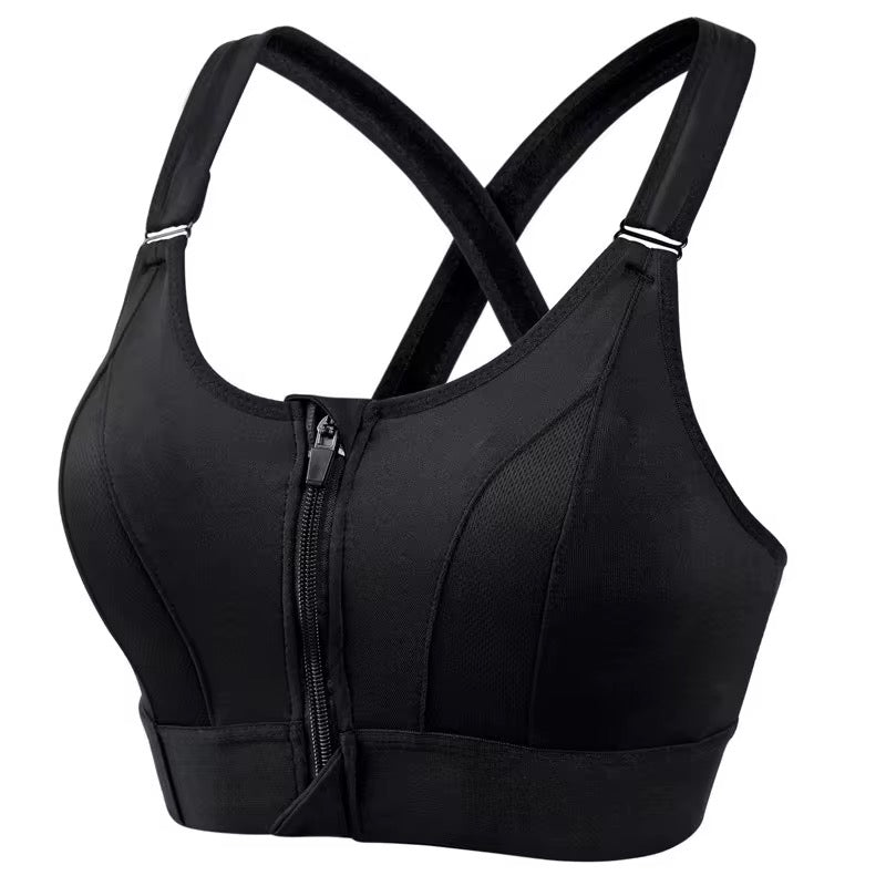 Black sports bra with a front zipper on a white background