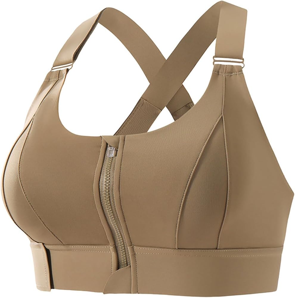A beige wireless sports bra with a front zipper closure and adjustable shoulder straps, shown against a plain white background.