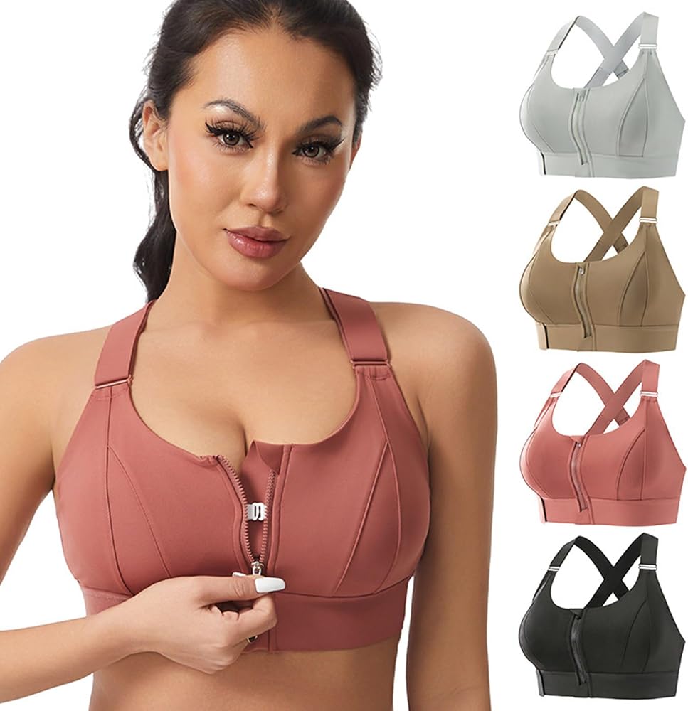 A woman wearing a dusty rose zip-front sports bra with underwire and crossover straps, shown against a white background with four smaller color variants on the right: light gray, tan, pink, and black.