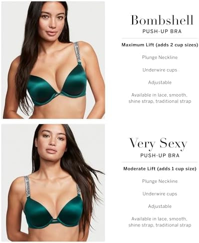 Two women modeling satin push-up bras on a light gray background, with text callouts for 'Bombshell Push-Up Bra' and 'Very Sexy Push-Up Bra' listing features and cup sizes.