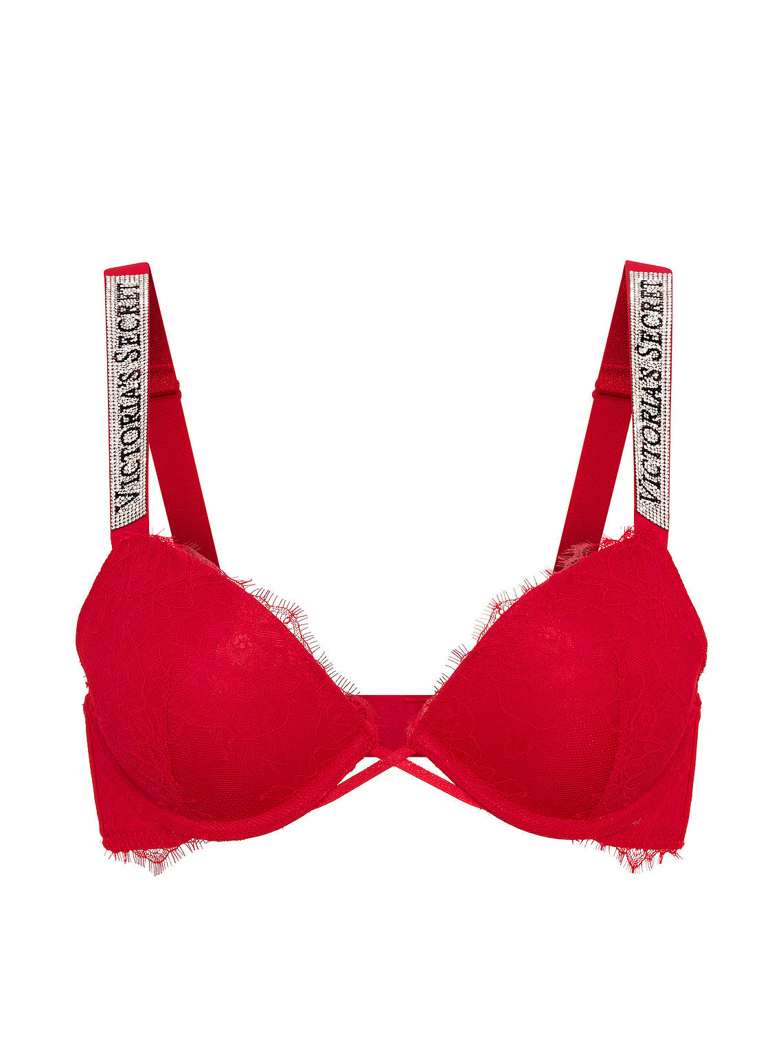 A red Victoria's Secret bralette with lace cups, frayed trim, and adjustable shoulder straps featuring the brand name printed vertically.
