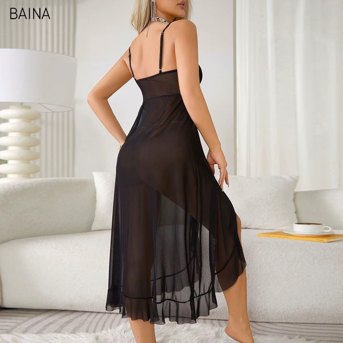 BLS Lingerie Side Open Transparent Nighty: Sheer Mesh Slip back