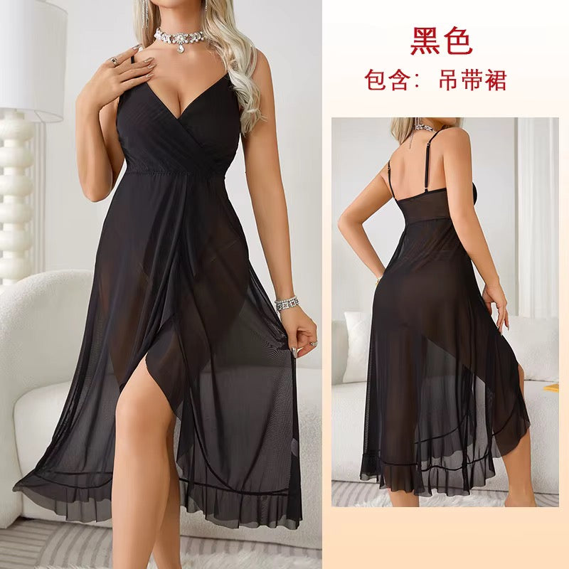 BLS Lingerie Side Open Transparent Nighty: Sheer Mesh Slip black