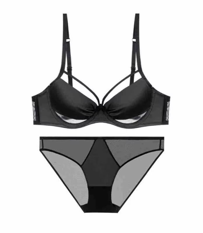 A two-piece black lingerie set featuring a strappy underwire bra and matching sheer mesh briefs, displayed against a solid white background.