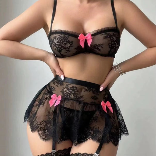 MSK Black Lace Bow Lingerie Nighty Set