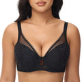 Black lace bra worn by a model on a white background
