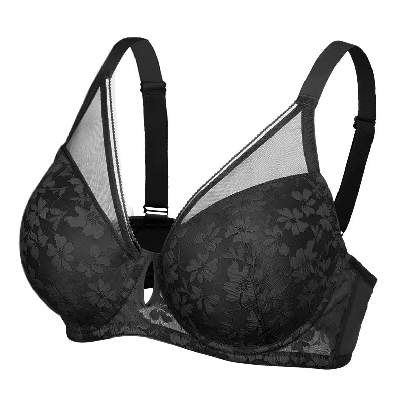 Black floral lace bra on a white background