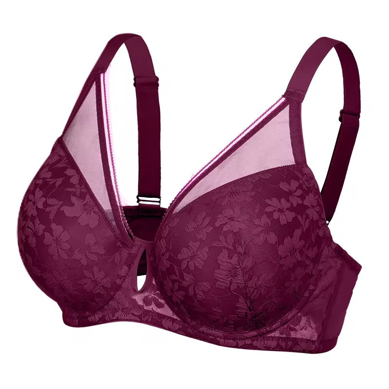 Mauve floral lace bra on a white background
