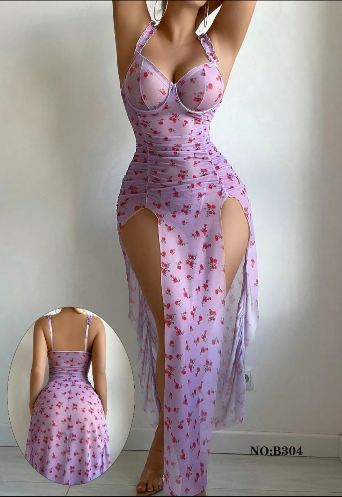 BLS Purple floral dress with a high slit on a plain background