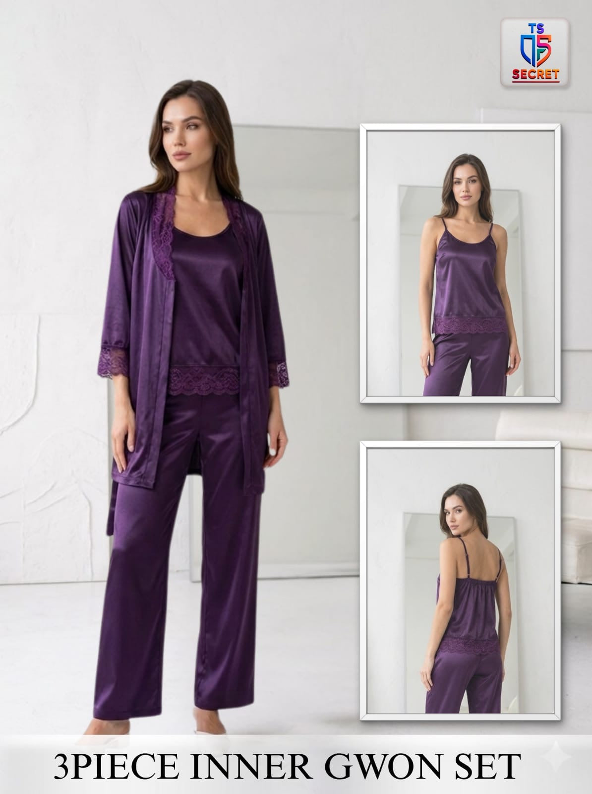 Woman wearing a purple 3-piece inner gwon set with inset images on a white background.