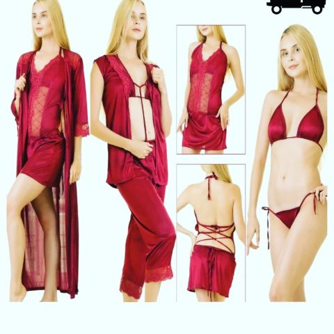 Silk Satin Sexy 6 Pcs Nighty Lingerie Set