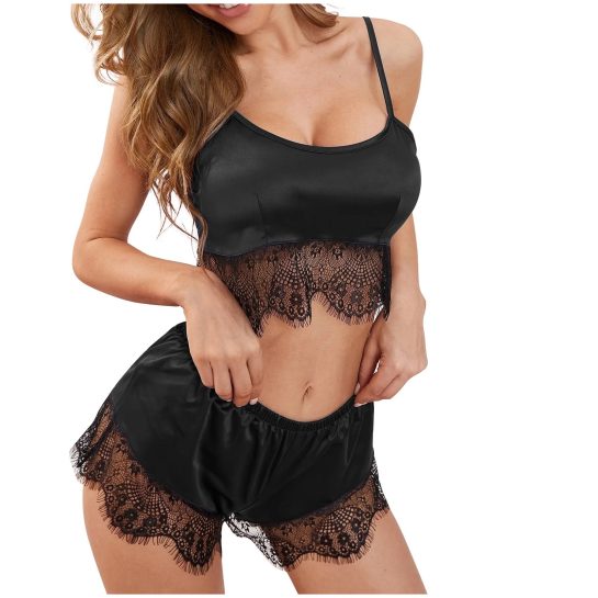 "Sensual lace shorts lingerie nighty set with delicate lace patterns and adjustable straps."
