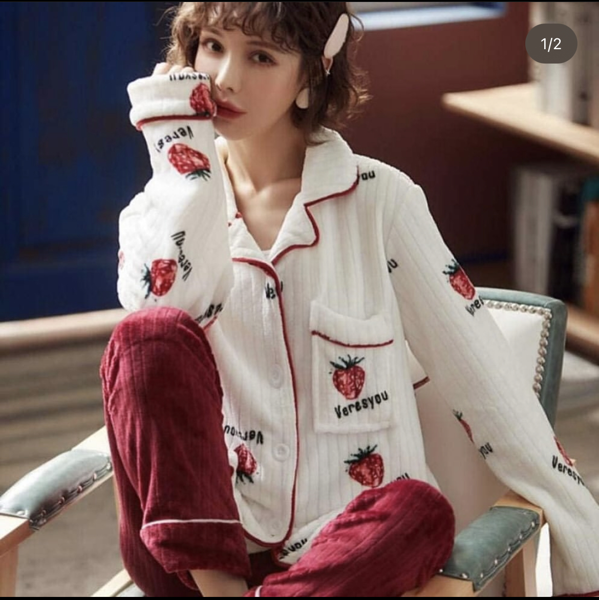 Strawberry Collar Fleece Button Down Night Dress