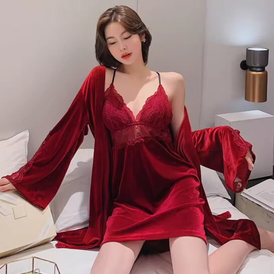 Hot Red Short Night Robe with Inner