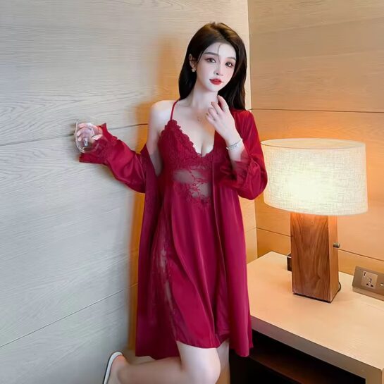 Hot Red Short Night Robe with Inner