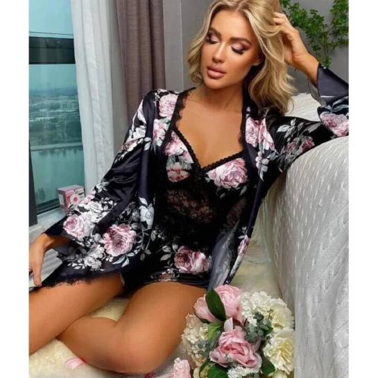 Three Piece Silk Nighty Robe with Shorts