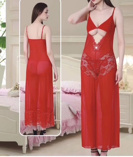 Sheer Mesh Lingerie Nighty Dress with Lace Detail